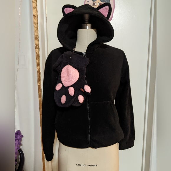 Black Hoodie with Pink Paw Mittens - Picture 2 of 5